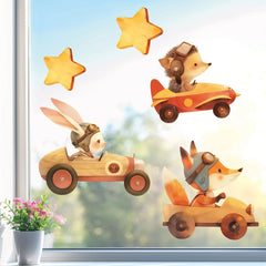 Fensterbild Waldtiere in Rennwagen in Holz-Design | Fuchs, Hase & Igel | Holz-Optik Fensterbild Dekoration - Sunnywall - Individualität trifft Design