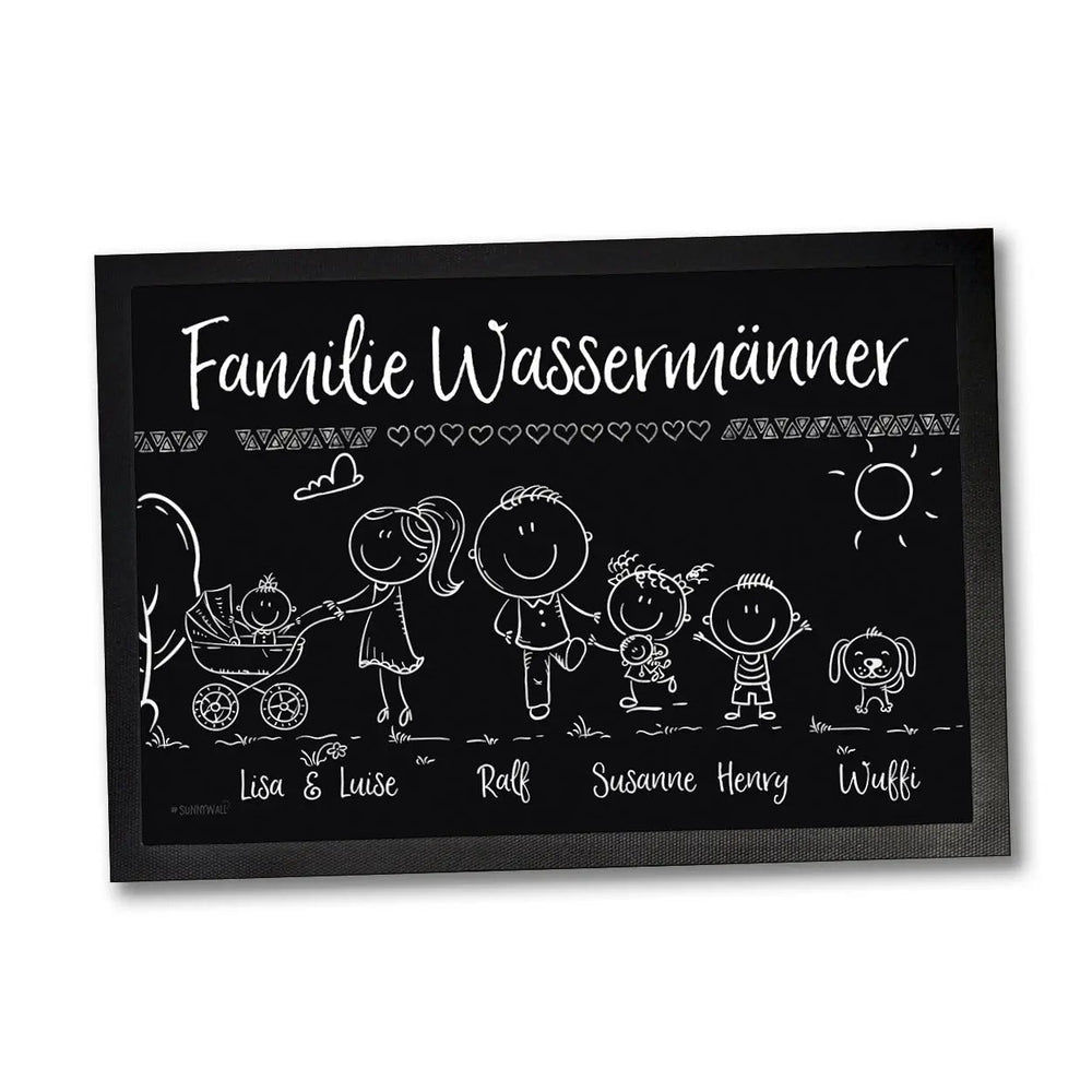 Fussmatte Familie personalisiert - Willkommen Familie - Kinder, Eltern, Oma, Opa, Hund Katze Personalisiert mit Strichmännchen und Wunschname - Sunnywall - Individualität trifft Design