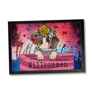 Fussmatte Mops Hund Willkommen im Blumenkranz Design - Sunnywall - Individualität trifft Design