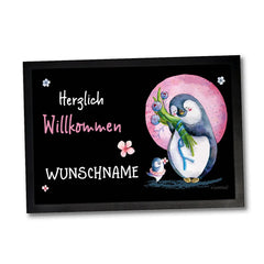 Fussmatte Pinguin Blume Herzlich Willkommen personalisiert - Sunnywall - Individualität trifft Design