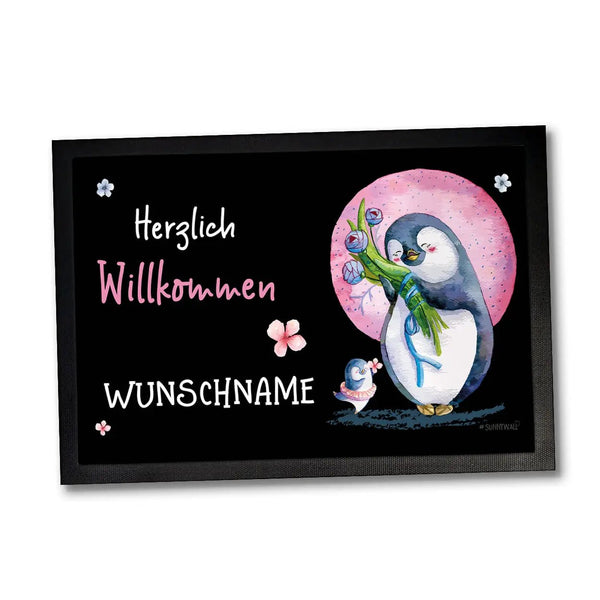 Fussmatte Pinguin Blume Herzlich Willkommen personalisiert - Sunnywall - Individualität trifft Design