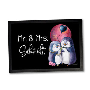 Fussmatte Pinguin personalisiert Mr und Mrs Wunschname - Sunnywall - Individualität trifft Design