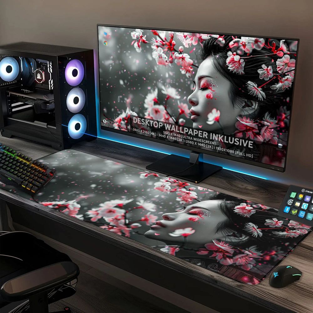 Gaming Mauspad XXL Asian Girl Sakura 90x40 | 80x30 | 45x40 cm PREMIUM-DICKE 4 MM - Sunnywall - Individualität trifft Design