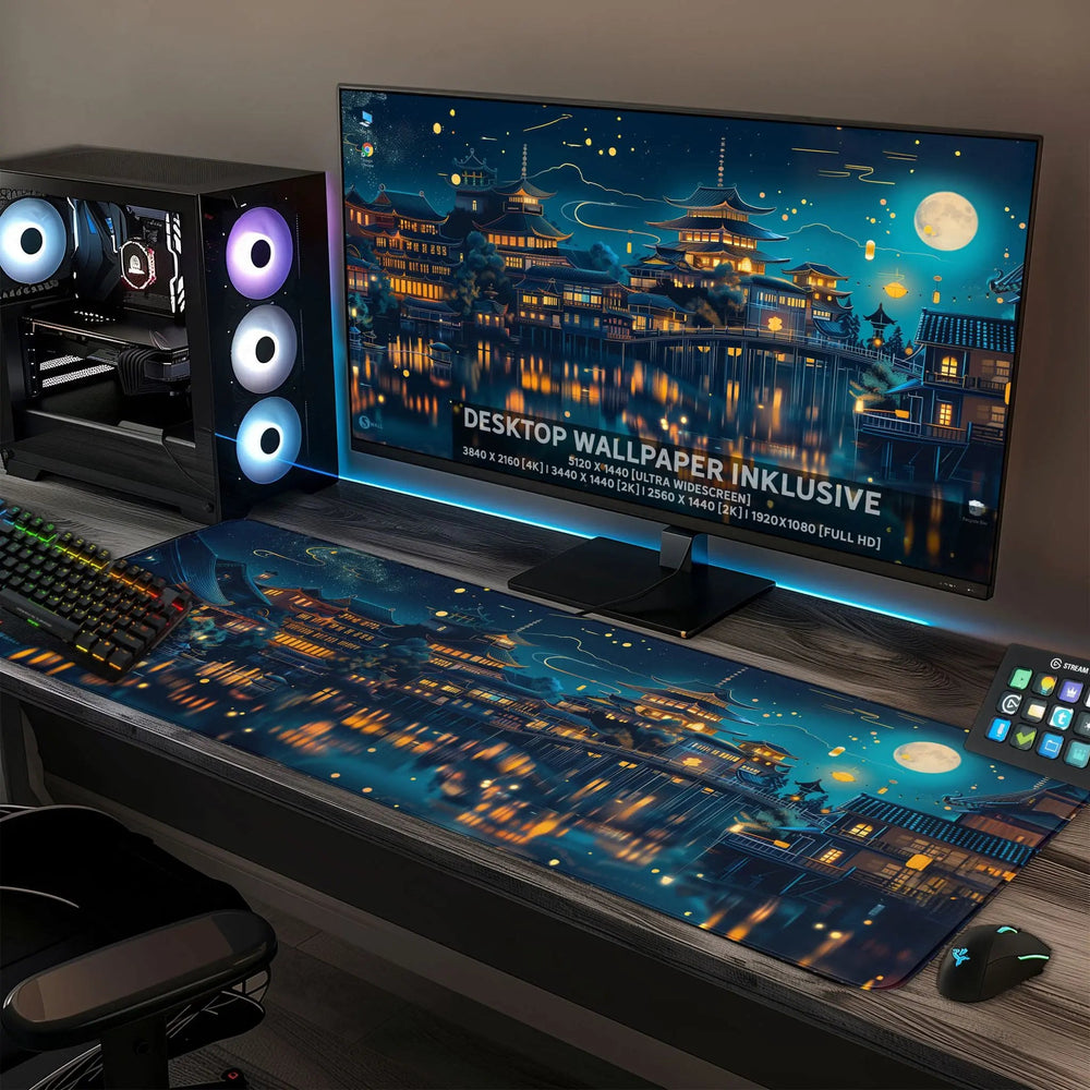 Gaming Mauspad XXL Chinesischer Tempel bei Nacht PREMIUM-DICKE 4 MM - Sunnywall - Individualität trifft Design