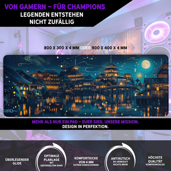 Gaming Mauspad XXL Chinesischer Tempel bei Nacht PREMIUM-DICKE 4 MM - Sunnywall - Individualität trifft Design