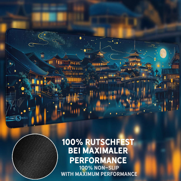 Gaming Mauspad XXL Chinesischer Tempel bei Nacht PREMIUM-DICKE 4 MM - Sunnywall - Individualität trifft Design