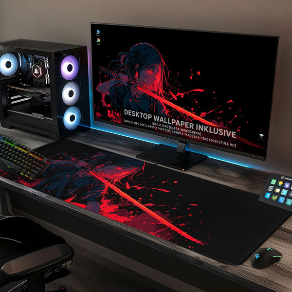 Gaming Mauspad XXL Crimson Katana Samurai Girl 90x40 | 80x30 | 45x40 cm 4mm Premiumdicke - Sunnywall - Individualität trifft Design