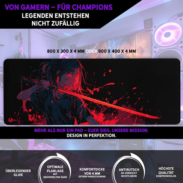 Gaming Mauspad XXL Crimson Katana Samurai Girl 90x40 | 80x30 | 45x40 cm 4mm Premiumdicke - Sunnywall - Individualität trifft Design