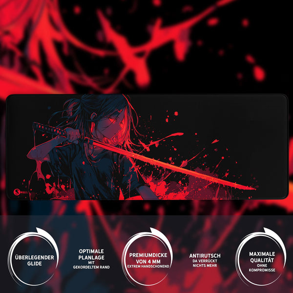 Gaming Mauspad XXL Crimson Katana Samurai Girl 90x40 | 80x30 | 45x40 cm 4mm Premiumdicke - Sunnywall - Individualität trifft Design