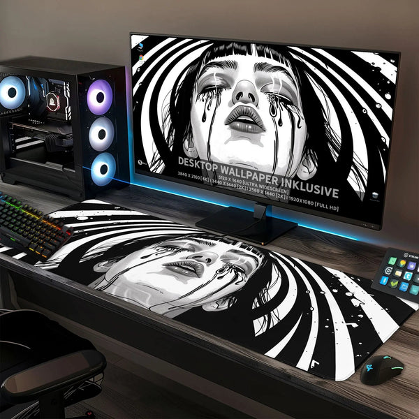Gaming Mauspad XXL Crying Girl Black n White 90x40 | 80x30 | 45x40 cm 4mm Premium - Sunnywall - Individualität trifft Design