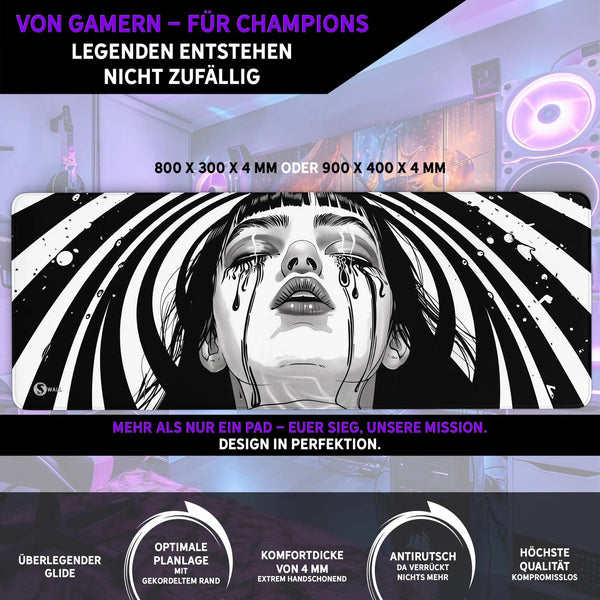 Gaming Mauspad XXL Crying Girl Black n White 90x40 | 80x30 | 45x40 cm 4mm Premium - Sunnywall - Individualität trifft Design