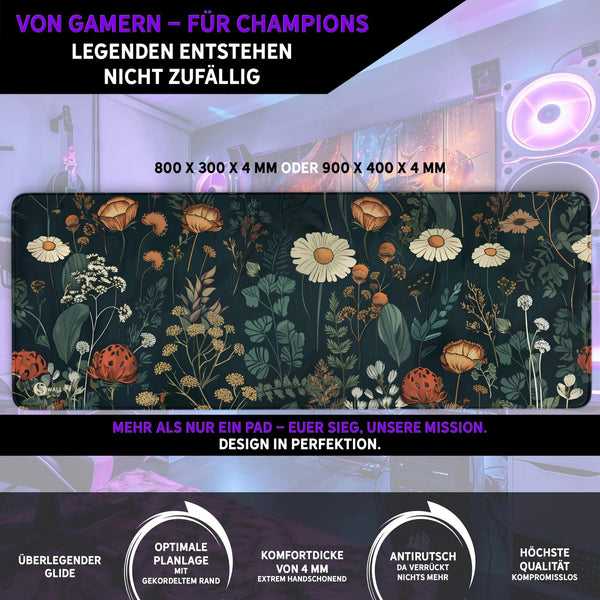 Gaming Mauspad XXL Floral Blumengarten 90x40 | 80x30 | 45x40 cm 4mm Premium Dicke - Sunnywall - Individualität trifft Design