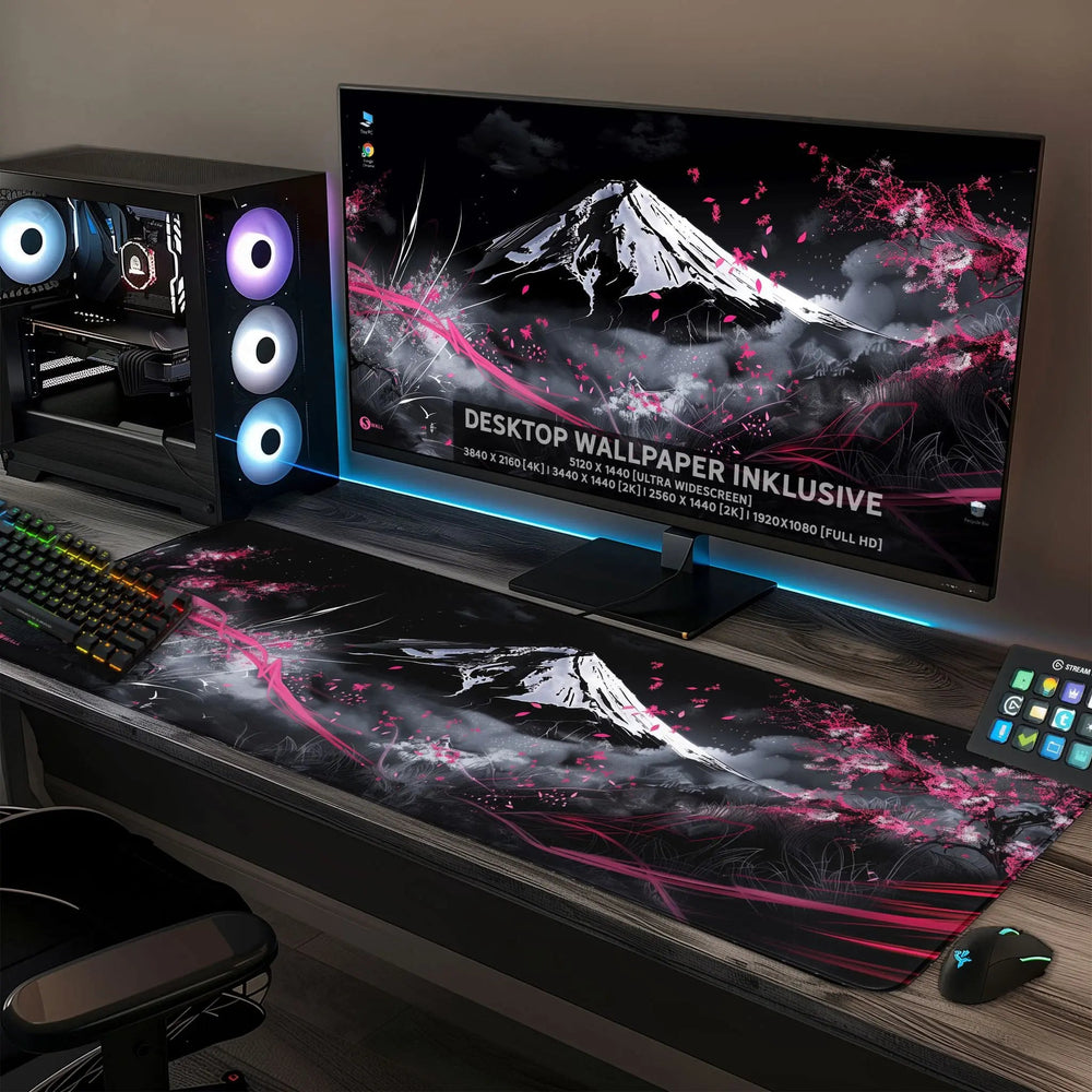 Gaming Mauspad XXL Japanese Mountain Sakura 90x40 | 80x30 | 45x40 cm 4 mm Premium-Dicke - Sunnywall - Individualität trifft Design