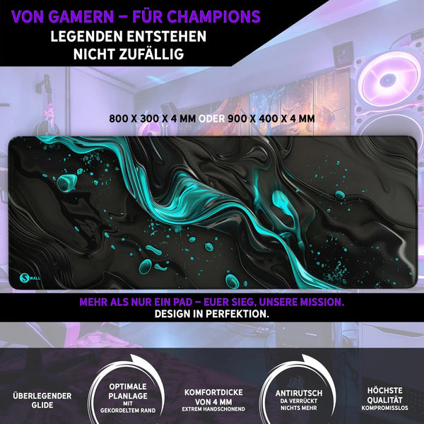 Gaming Mauspad XXL Liquid Stripe schwarz hellblau 90x40 | 80x30 | 45x40 cm PREMIUM-DICKE 4 MM - Sunnywall - Individualität trifft Design