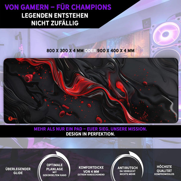 Gaming Mauspad XXL Liquid Stripe schwarz rot 90x40 | 80x30 | 45x40 cm PREMIUM-DICKE 4 MM - Sunnywall - Individualität trifft Design
