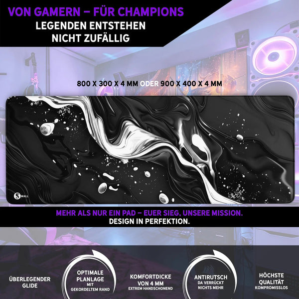 Gaming Mauspad XXL Liquid Stripe schwarz weiss 90x40 | 80x30 | 45x40 cm PREMIUM-DICKE 4 MM - Sunnywall - Individualität trifft Design