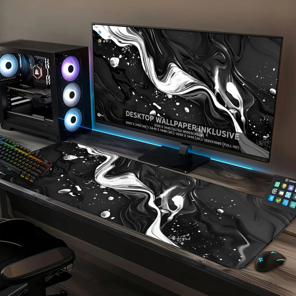 Gaming Mauspad XXL Liquid Stripe schwarz weiss 90x40 | 80x30 | 45x40 cm PREMIUM-DICKE 4 MM - Sunnywall - Individualität trifft Design