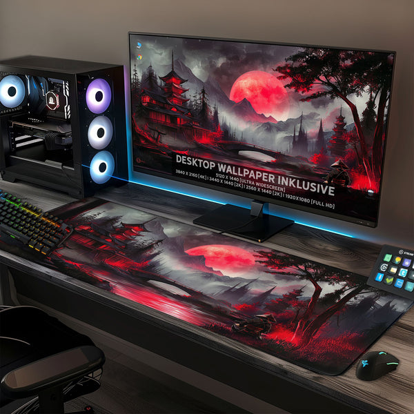 Gaming Mauspad XXL Red Moon Japan Samurai 90x40 | 80x30 | 45x40 cm 4mm Premiumdicke - Sunnywall - Individualität trifft Design