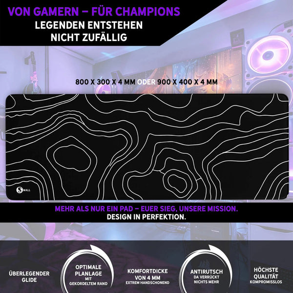 Gaming Mauspad XXL Topografie Schwarz 4mm Premium Dicke - Sunnywall - Individualität trifft Design