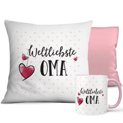 Geschenk Oma Kissen Tasse – Weltliebste Oma Set mit Herzmotiv - Sunnywall - Individualität trifft Design