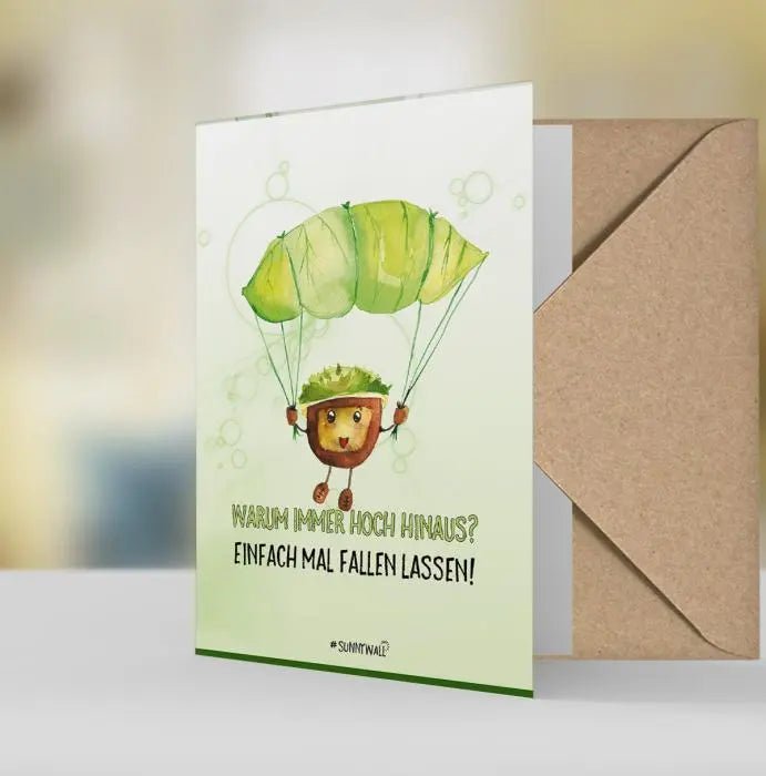 Geschenkkarte Kastanie – "Warum immer hoch hinaus? Einfach mal fallen lassen!" – Liebevoll gestaltete Grußkarte - Sunnywall - Individualität trifft Design