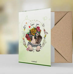 Geschenkkarte Mops – "Love You" – Blumenkranz-Motiv in Aquarell - Sunnywall - Individualität trifft Design