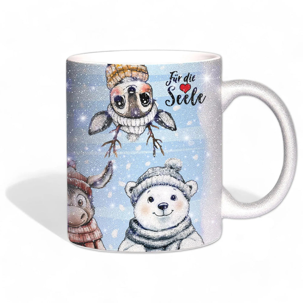 Glitzertasse - Winterliche Tierfreunde - Für die Seele - Weihnachten - Silber Glitzer - Sunnywall - Individualität trifft Design
