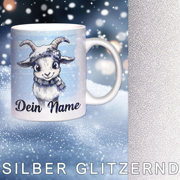 Glitzertasse - Winterliche Ziege - Wunschnamen Tasse - Weihnachten - Silber Glitzer - Personalisierbar - Sunnywall - Individualität trifft Design