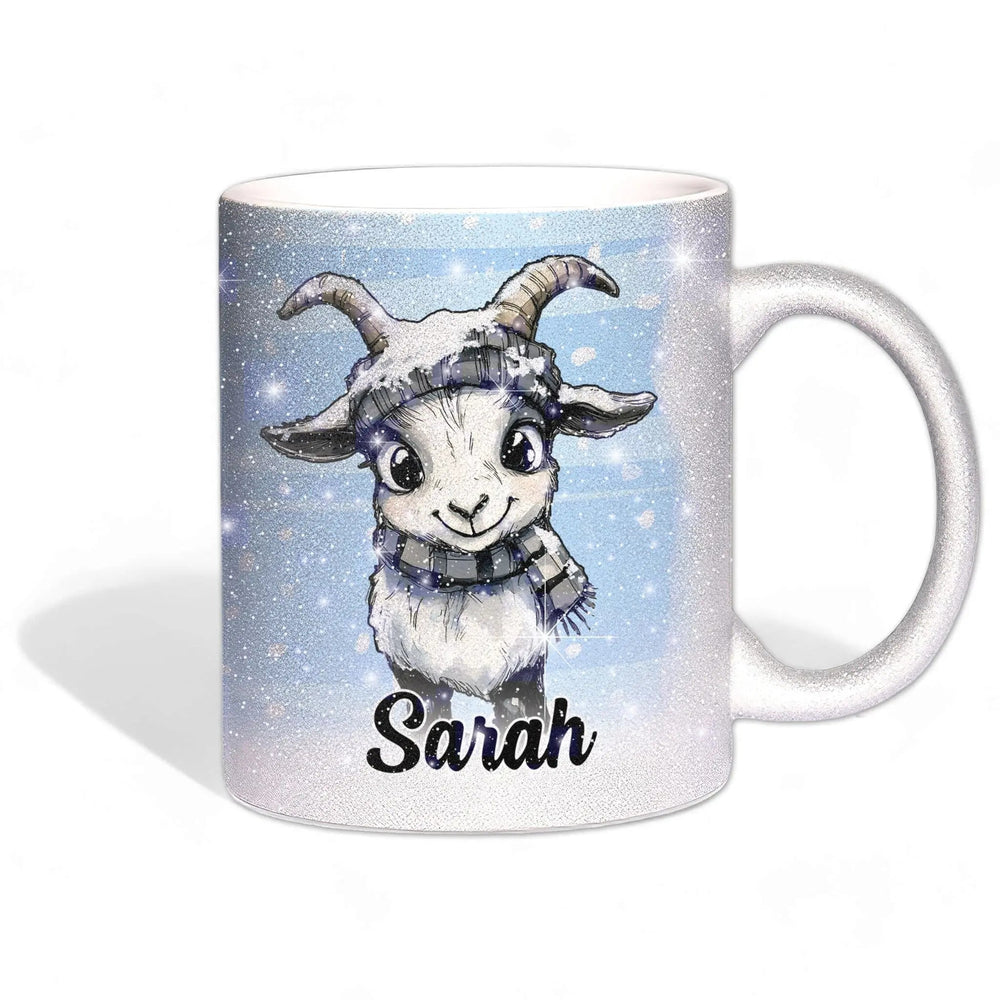 Glitzertasse - Winterliche Ziege - Wunschnamen Tasse - Weihnachten - Silber Glitzer - Personalisierbar - Sunnywall - Individualität trifft Design