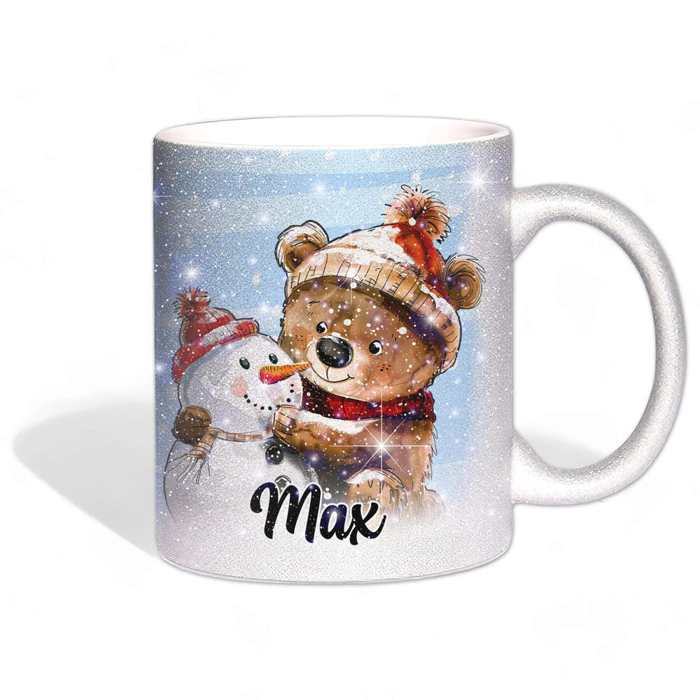 Glitzertasse - Winterlicher Bär mit Schneemann - Wunschnamen Tasse - Weihnachten - Silber Glitzer - Sunnywall - Individualität trifft Design