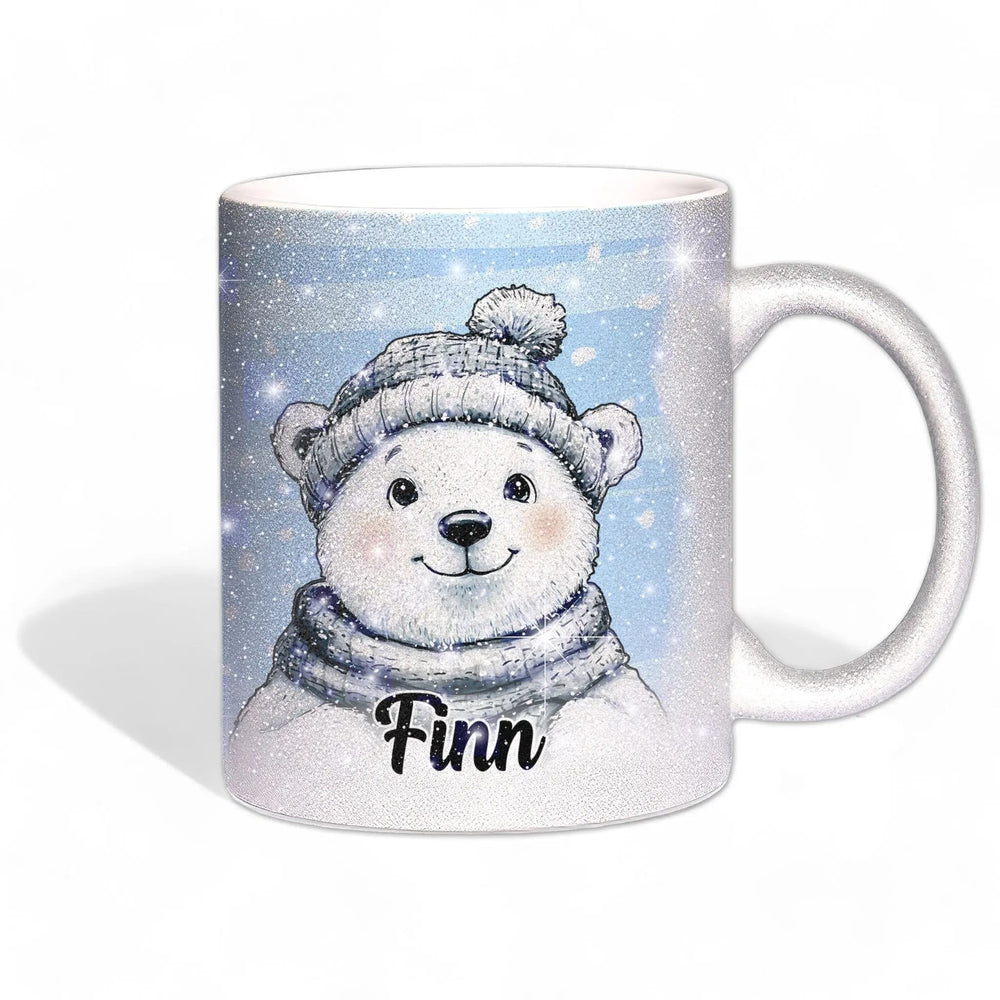 Glitzertasse - Winterlicher Eisbär - Wunschnamen Tasse - Weihnachten - Silber Glitzer - Sunnywall - Individualität trifft Design