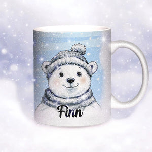 Glitzertasse - Winterlicher Eisbär - Wunschnamen Tasse - Weihnachten - Silber Glitzer - Sunnywall - Individualität trifft Design