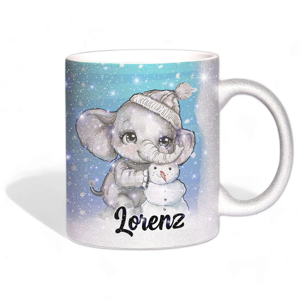 Glitzertasse - Winterlicher Elefant mit Schneemann - Wunschnamen Tasse - Weihnachten - Silber Glitze - Sunnywall - Individualität trifft Design