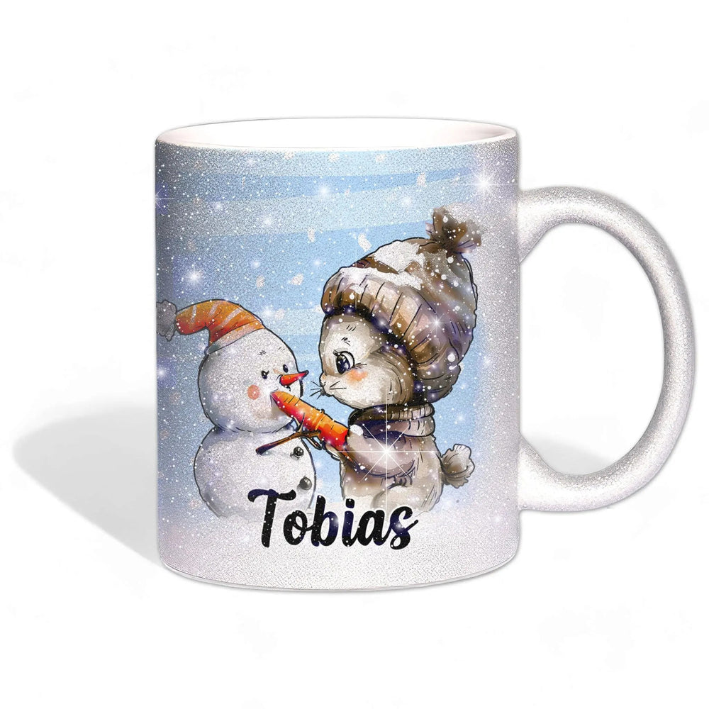 Glitzertasse - Winterlicher Hase mit Schneemann - Wunschnamen Tasse - Weihnachten - Silber Glitzer - Sunnywall - Individualität trifft Design