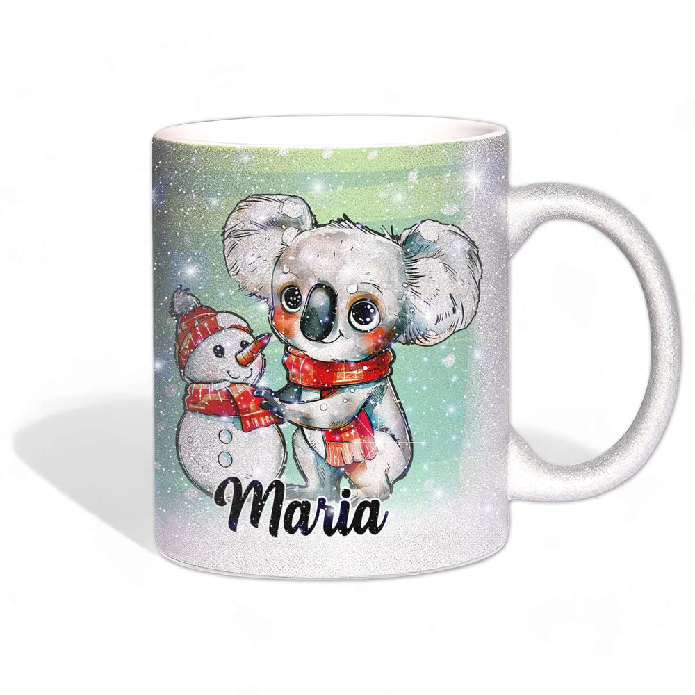 Glitzertasse - Winterlicher Koala mit Schneemann - Wunschnamen Tasse - Weihnachten - Silber Glitzer - Sunnywall - Individualität trifft Design