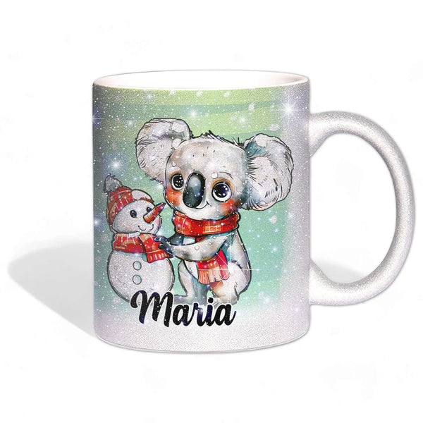 Glitzertasse - Winterlicher Koala mit Schneemann - Wunschnamen Tasse - Weihnachten - Silber Glitzer - Sunnywall - Individualität trifft Design