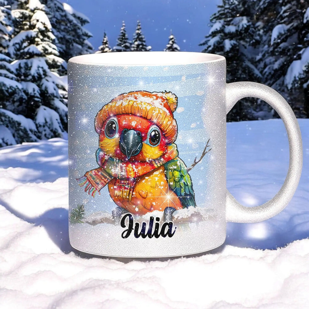 Glitzertasse - Winterlicher Papagei - Wunschnamen Tasse - Weihnachten - Silber Glitzer - Personalisierbar - Sunnywall - Individualität trifft Design
