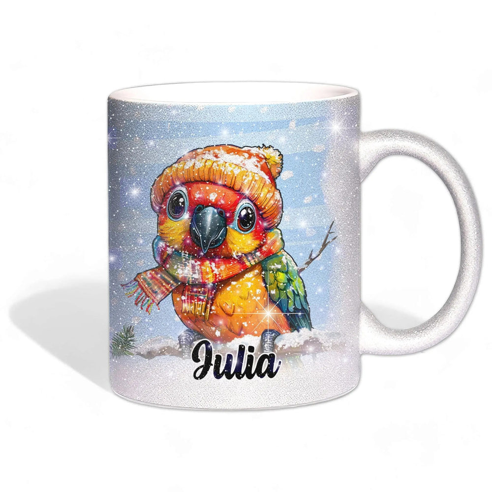 Glitzertasse - Winterlicher Papagei - Wunschnamen Tasse - Weihnachten - Silber Glitzer - Personalisierbar - Sunnywall - Individualität trifft Design