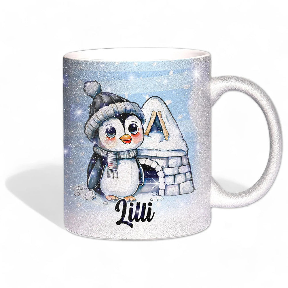 Glitzertasse - Winterlicher Pinguin mit Iglu - Wunschnamen Tasse - Weihnachten - Silber Glitzer - Sunnywall - Individualität trifft Design