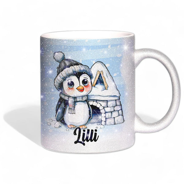Glitzertasse - Winterlicher Pinguin mit Iglu - Wunschnamen Tasse - Weihnachten - Silber Glitzer - Sunnywall - Individualität trifft Design