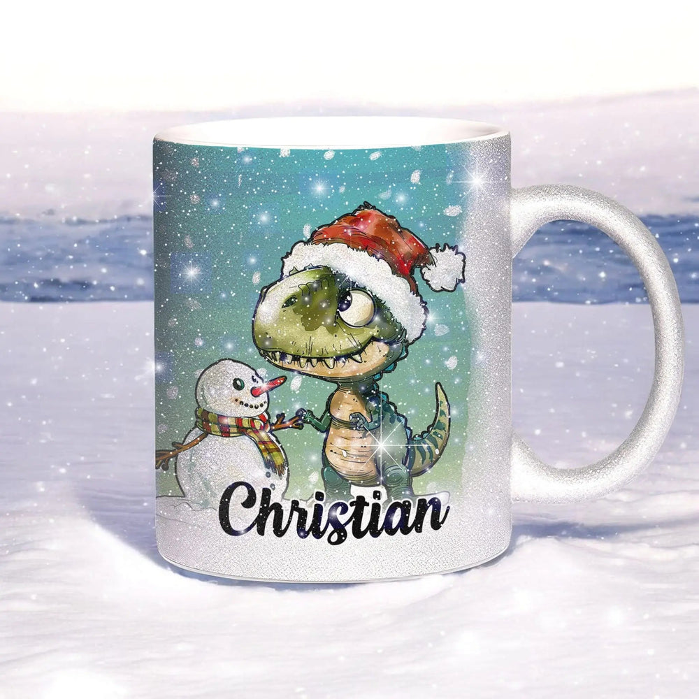 Glitzertasse - Winterlicher T-Rex Dino - Wunschnamen Tasse - Weihnachten - Silber Glitzer - Personalisierbar - Sunnywall - Individualität trifft Design