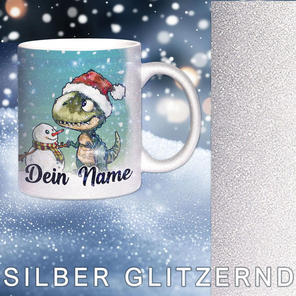 Glitzertasse - Winterlicher T-Rex Dino - Wunschnamen Tasse - Weihnachten - Silber Glitzer - Personalisierbar - Sunnywall - Individualität trifft Design