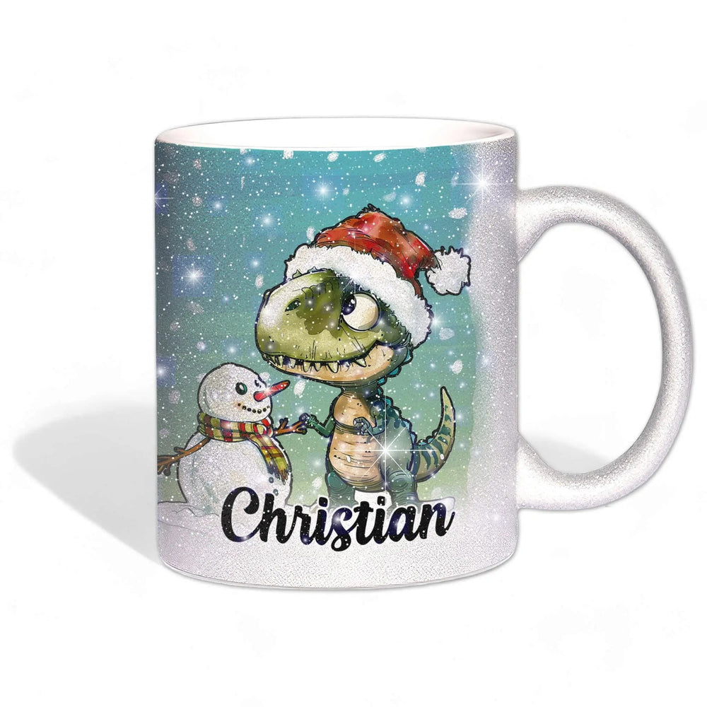 Glitzertasse - Winterlicher T-Rex Dino - Wunschnamen Tasse - Weihnachten - Silber Glitzer - Personalisierbar - Sunnywall - Individualität trifft Design