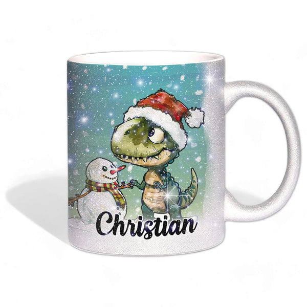 Glitzertasse - Winterlicher T-Rex Dino - Wunschnamen Tasse - Weihnachten - Silber Glitzer - Personalisierbar - Sunnywall - Individualität trifft Design
