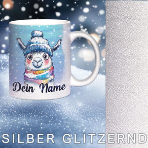 Glitzertasse - Winterliches Alpaka - Wunschnamen Tasse - Weihnachten - Silber Glitzer - Personalisierbar - Sunnywall - Individualität trifft Design