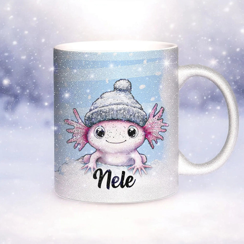 Glitzertasse - Winterliches Axolotl - Wunschnamen Tasse - Weihnachten - Silber Glitzer - Personalisierbar - Sunnywall - Individualität trifft Design