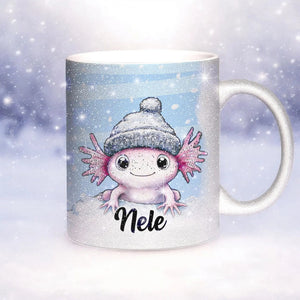Glitzertasse - Winterliches Axolotl - Wunschnamen Tasse - Weihnachten - Silber Glitzer - Personalisierbar - Sunnywall - Individualität trifft Design