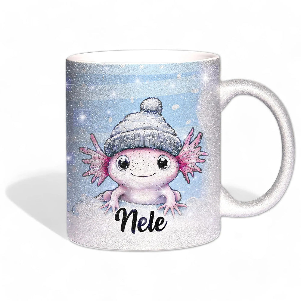 Glitzertasse - Winterliches Axolotl - Wunschnamen Tasse - Weihnachten - Silber Glitzer - Personalisierbar - Sunnywall - Individualität trifft Design