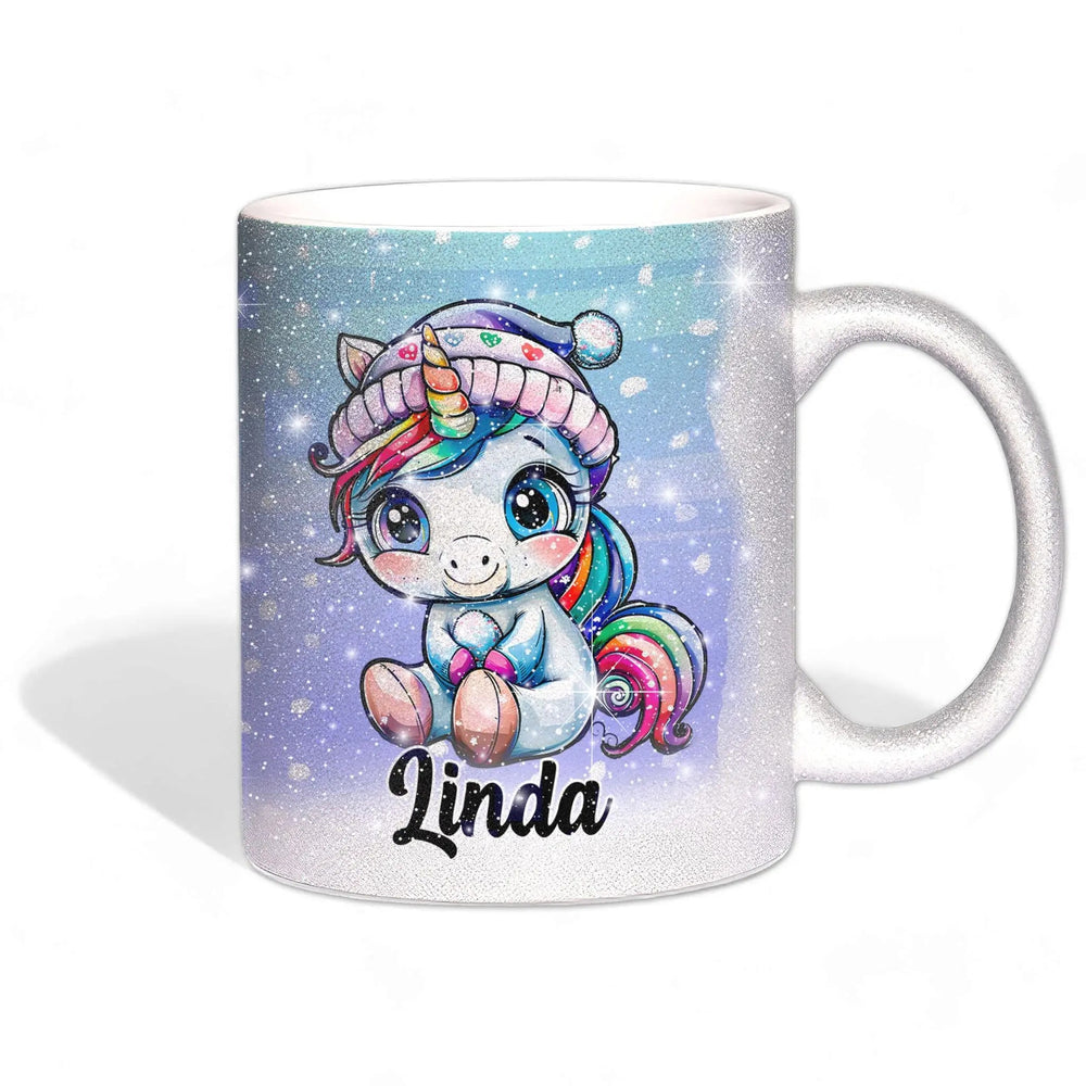 Glitzertasse - Winterliches Einhorn - Wunschnamen Tasse - Weihnachten - Silber Glitzer - Personalisierbar - Sunnywall - Individualität trifft Design