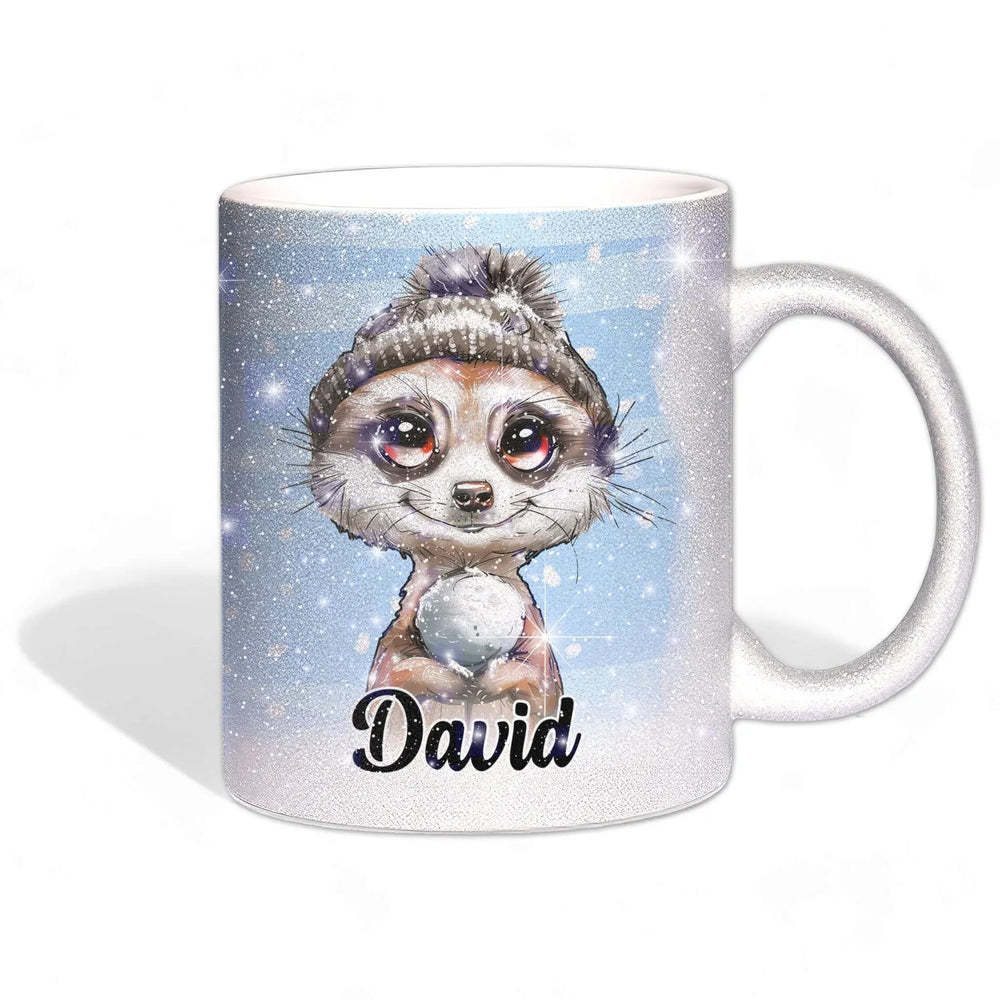 Glitzertasse - Winterliches Erdmännchen - Wunschnamen Tasse - Weihnachten - Silber Glitzer - Personalisierbar - Sunnywall - Individualität trifft Design